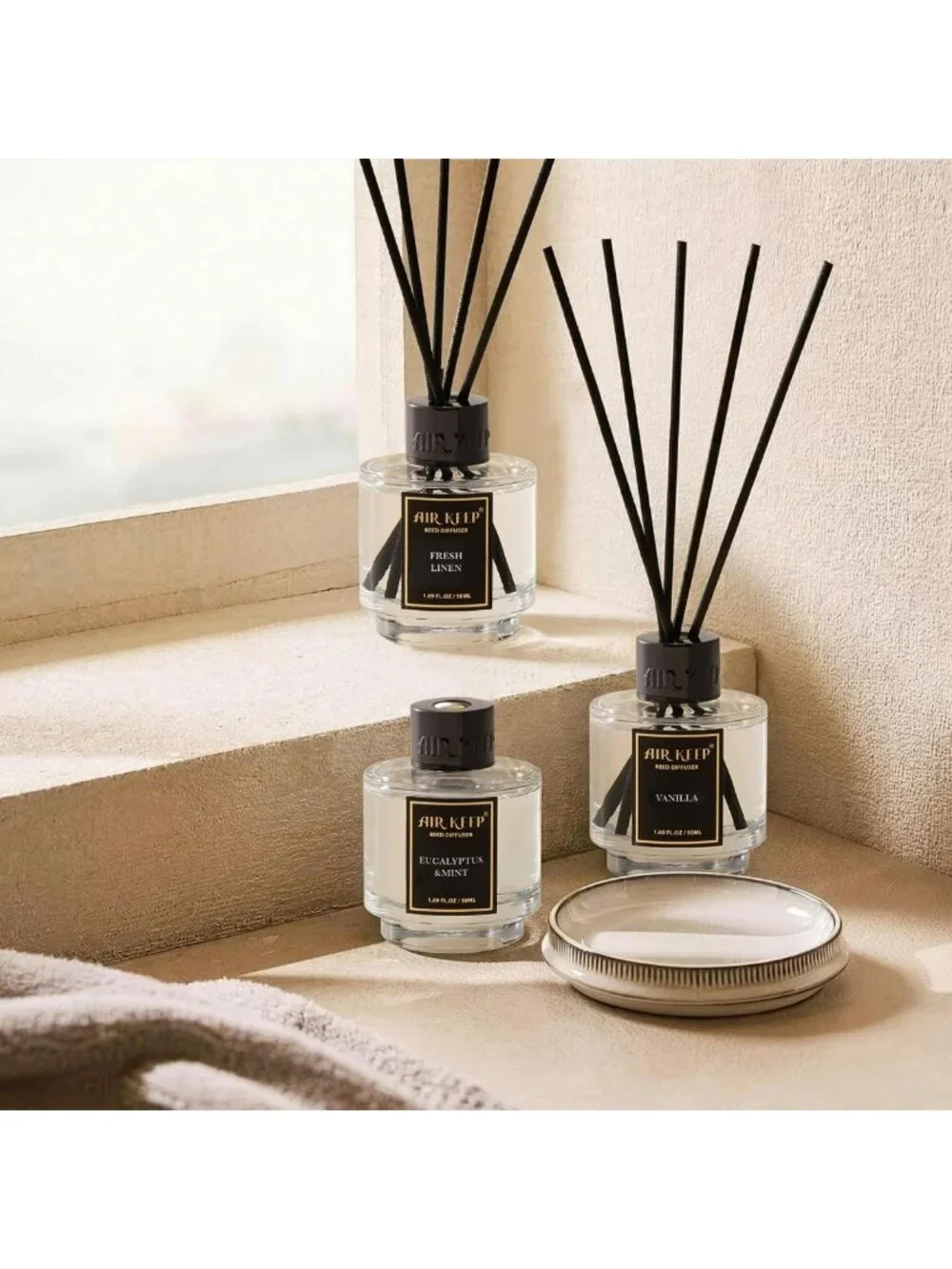 Set of 3 Reed Diffusers for Bathroom | Fresh Linen, Vanilla, Eucalyptus & Mint
